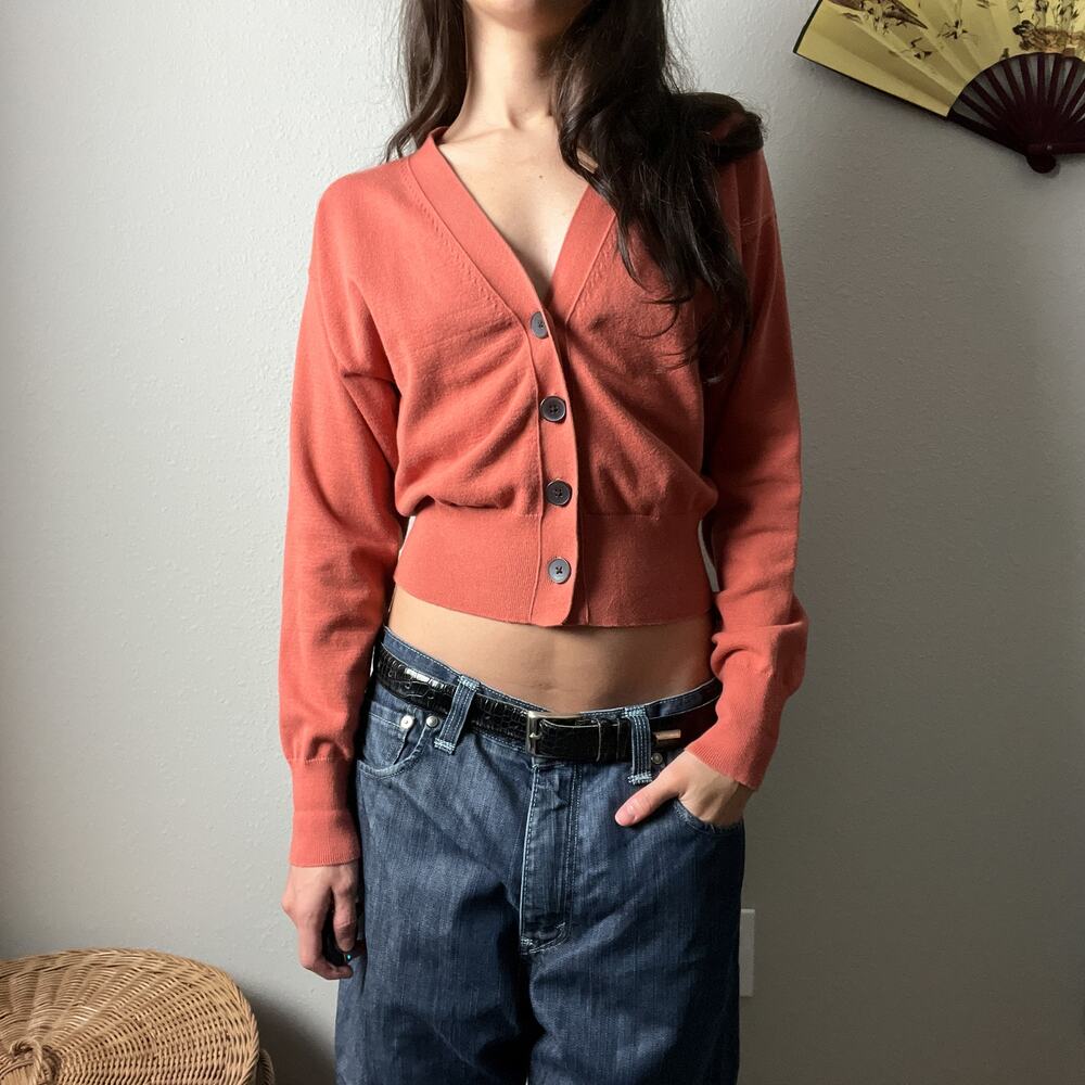 banana republic orange cotton fitted cropped button cardigan sweater